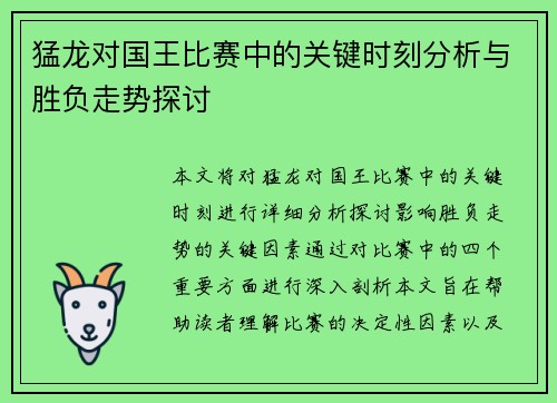 猛龙对国王比赛中的关键时刻分析与胜负走势探讨